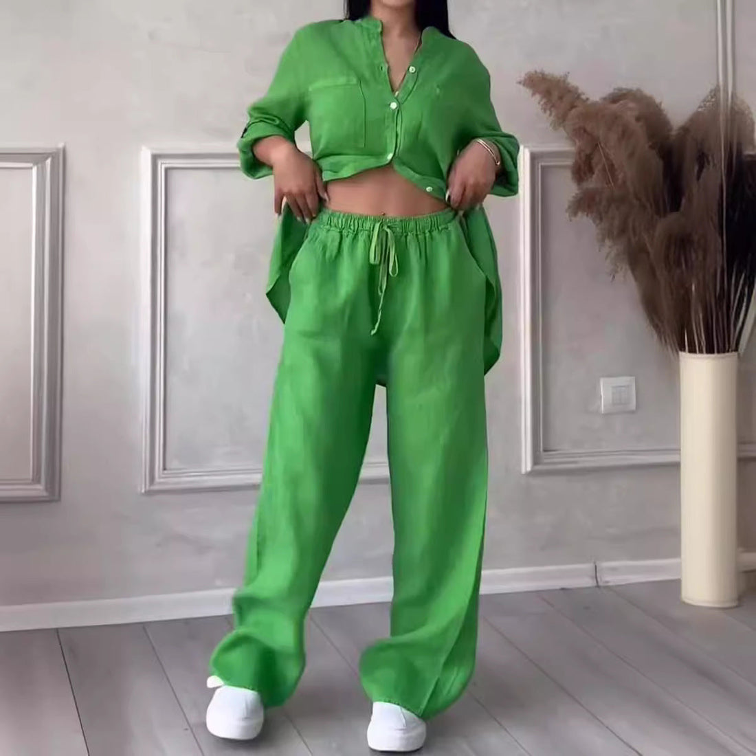 Wide-Leg Pants & Lace-Up Top Two-Piece Set – Solid Color, 12 Colors S–5XL