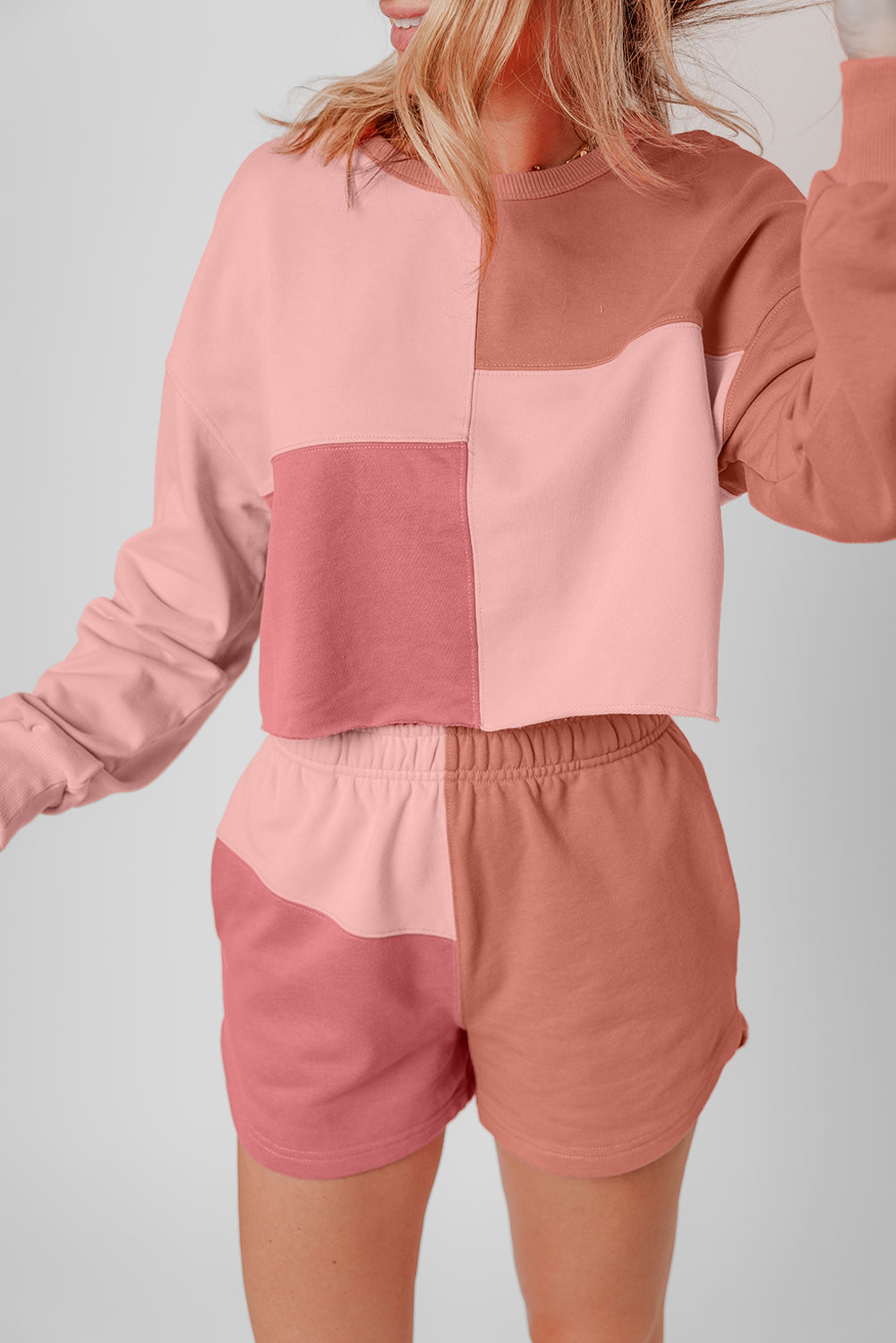 Peach Blossom Colorblock Patchwork Long Sleeve Shorts Set