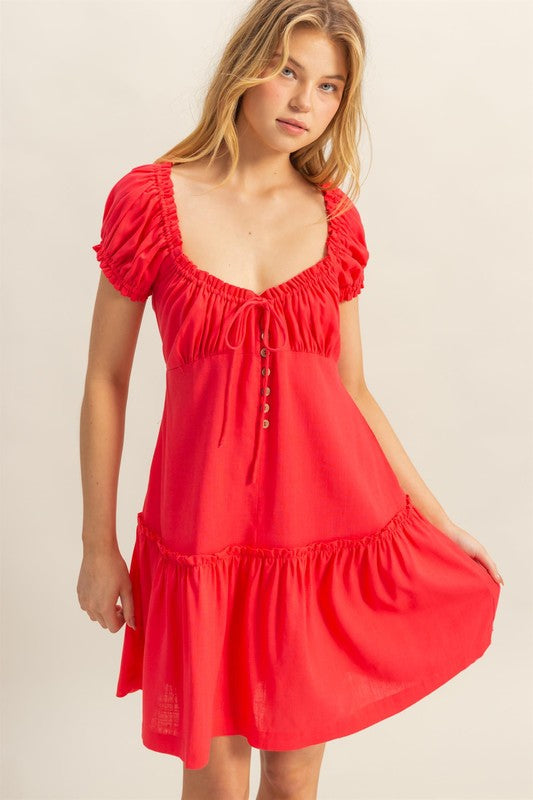 Red Ruched Frill Tiered Mini Dress for Summer