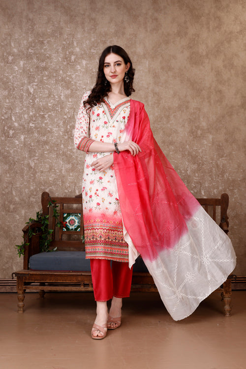 Luxury multicolor floral printed rayon kurta with hand embroidery, pants, and dupatta
