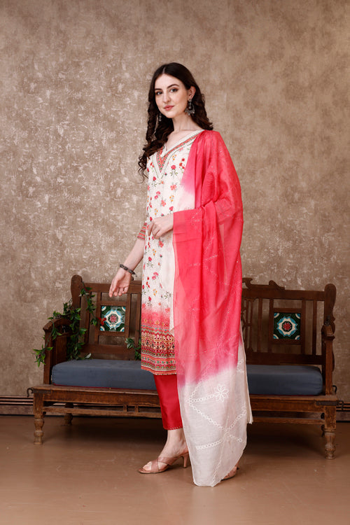 Luxury Multicolor Floral Printed Rayon Kurta with Pant and Dupatta