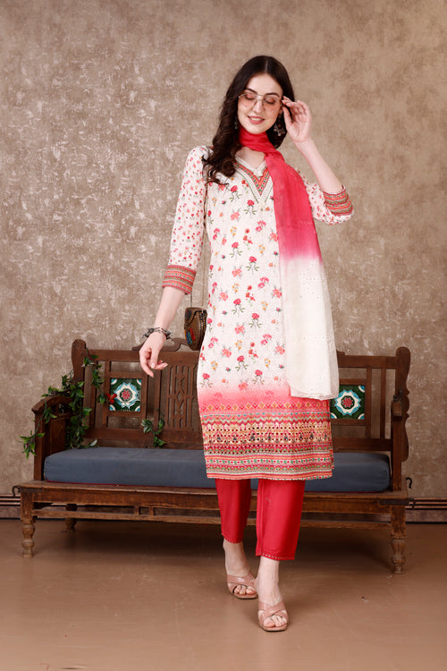 Luxury Multicolor Floral Printed Rayon Kurta with Pant and Dupatta