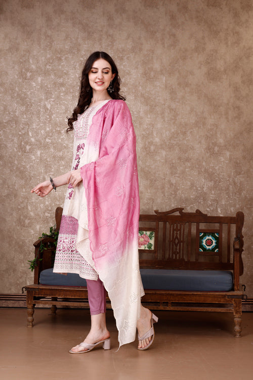 Multicolor Floral Print Hand Embroidered Kurta Set with Dupatta