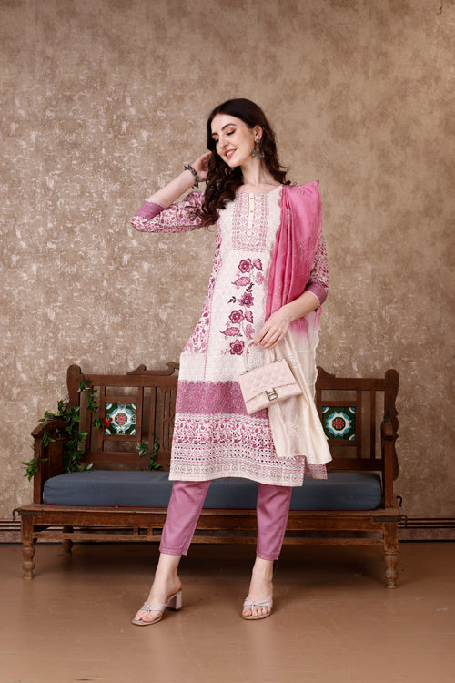 Multicolor Floral Print Hand Embroidered Kurta Set with Dupatta