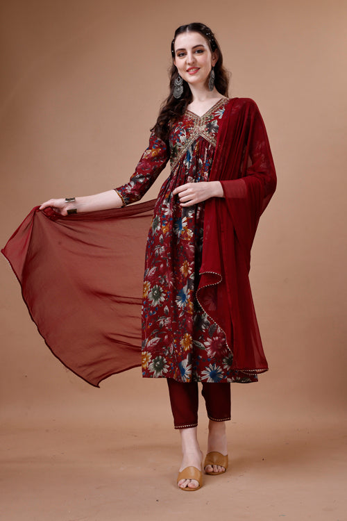 Multicolor Alia Cut Floral Printed Embroidered Kurta Set with Pant