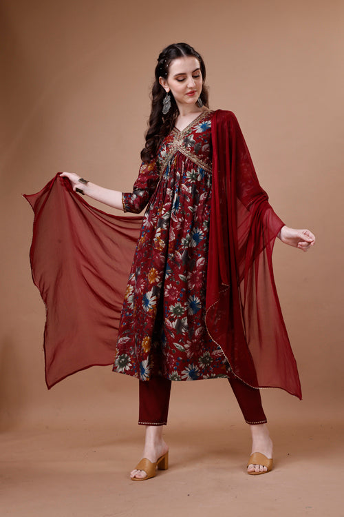 Multicolor Alia Cut Floral Printed Embroidered Kurta Set with Pant