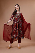Multicolor Alia Cut floral printed kurta with embroidery, paired with pants and a dupatta.