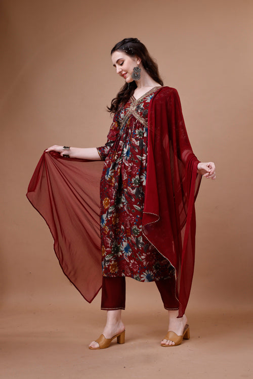Multicolor Alia Cut Floral Printed Embroidered Kurta Set with Pant