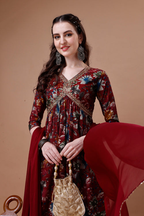 Multicolor Alia Cut Floral Printed Embroidered Kurta Set with Pant