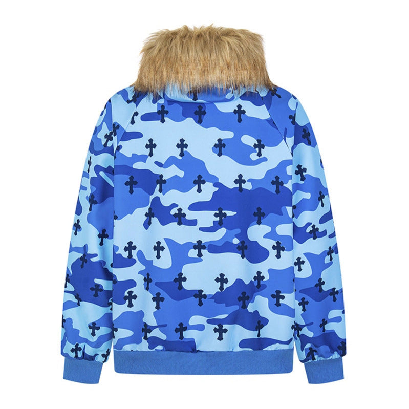Women's Camouflage Cross Pattern Fur-Collar Hooded Zip-Up Jacket - Image 3