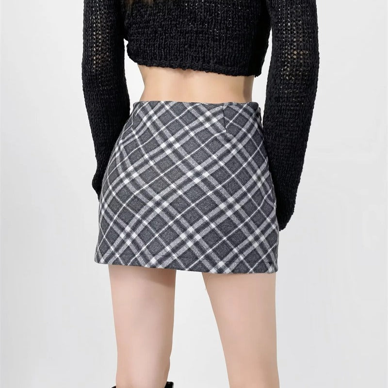 High Waisted Plaid Woolen Mini Pencil Skirt for Women - Image 3