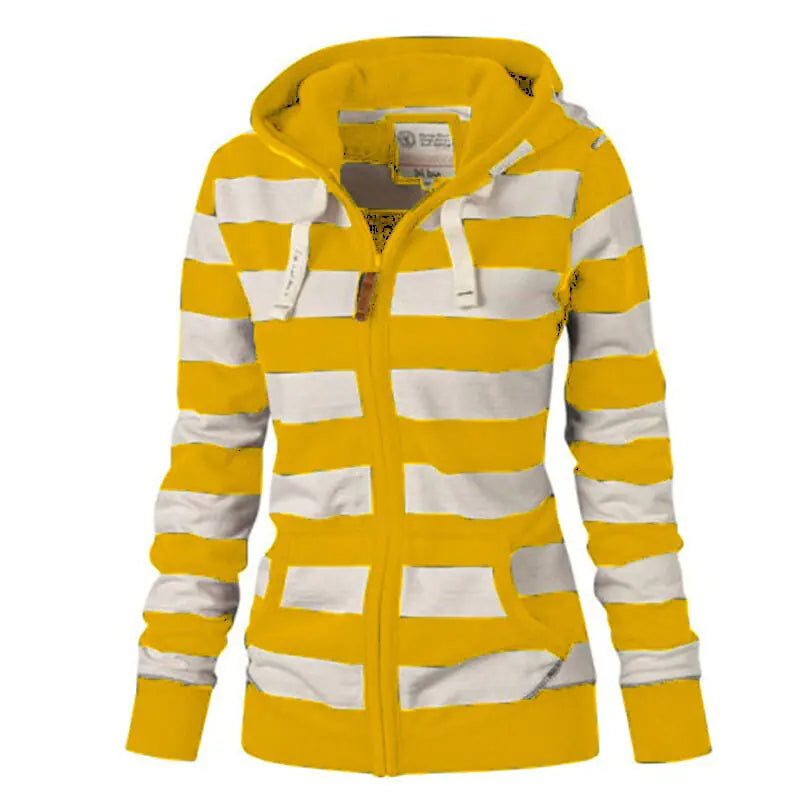 Women's Black and White Striped Zip-Up Hoodie Sweatshirt - Image 5