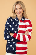 Oversized knit sweatshirt with USA flag stars and stripes print and zip collar