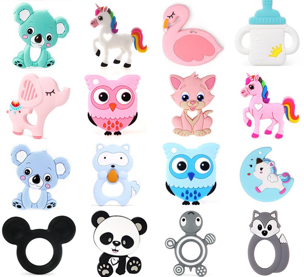 Animal-themed silicone teething ring for babies, available in various colors