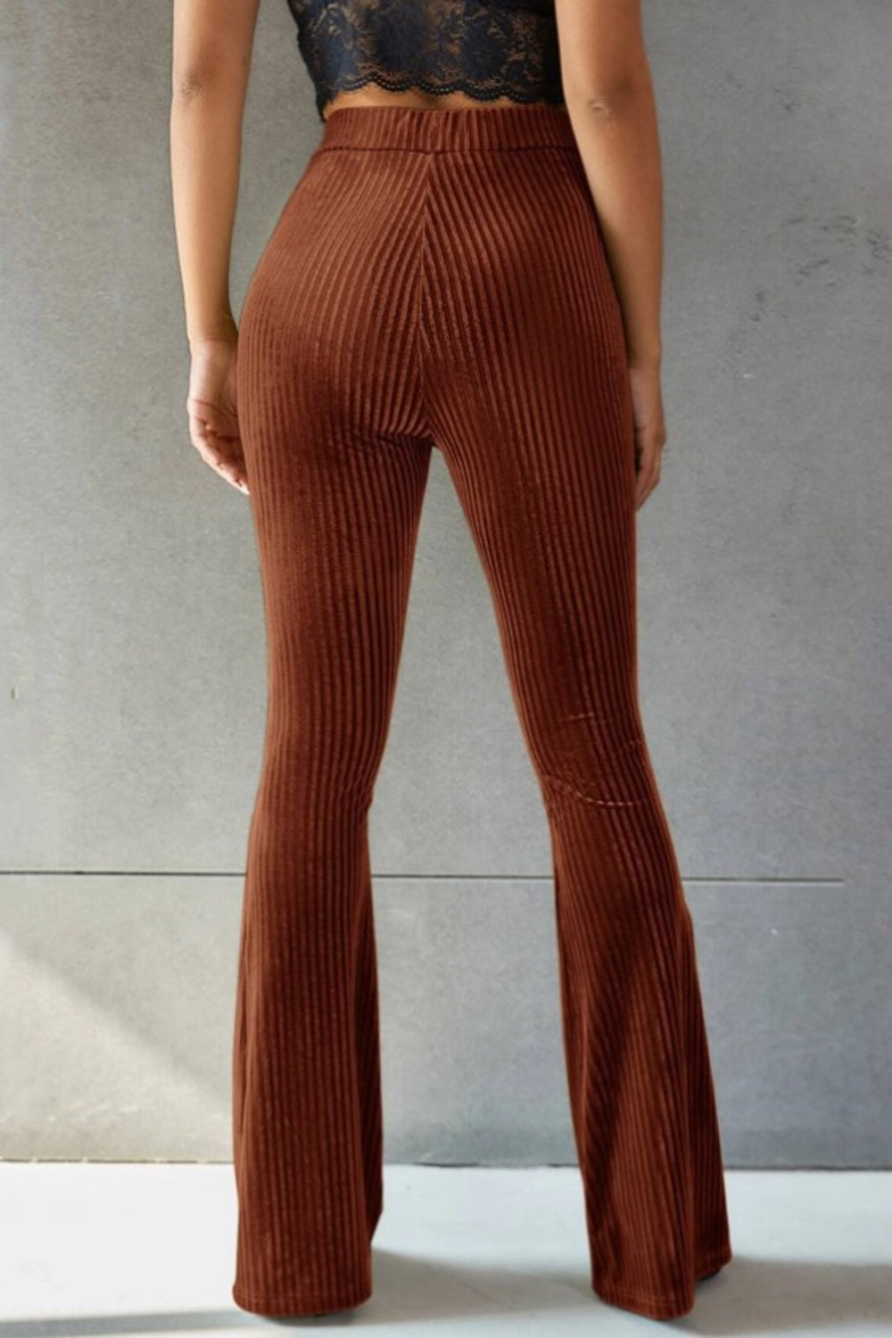 Ribbed High Waist Flare Pants in Grey Velvet