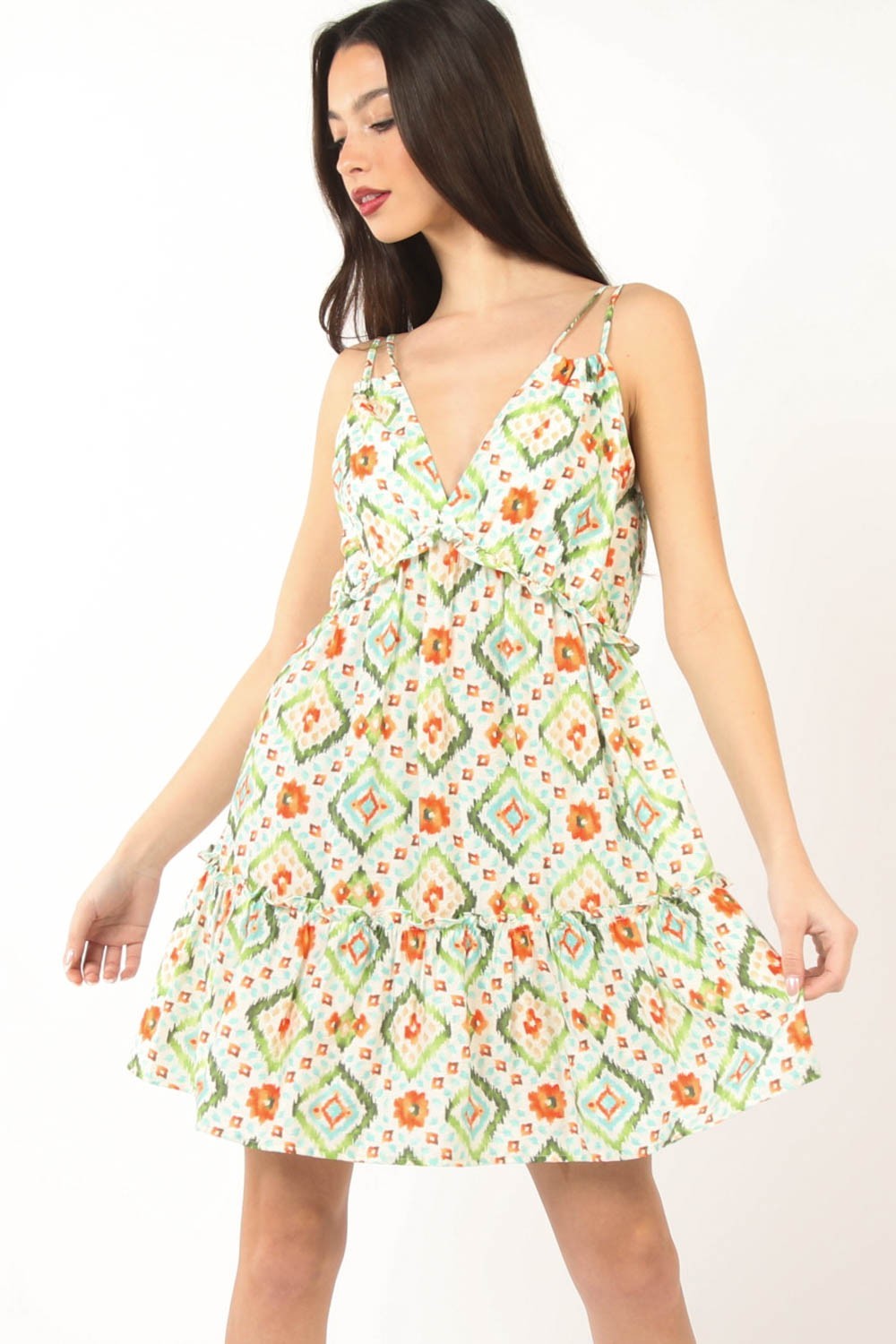 Floral print mini dress with ruffled tiers and back smocking