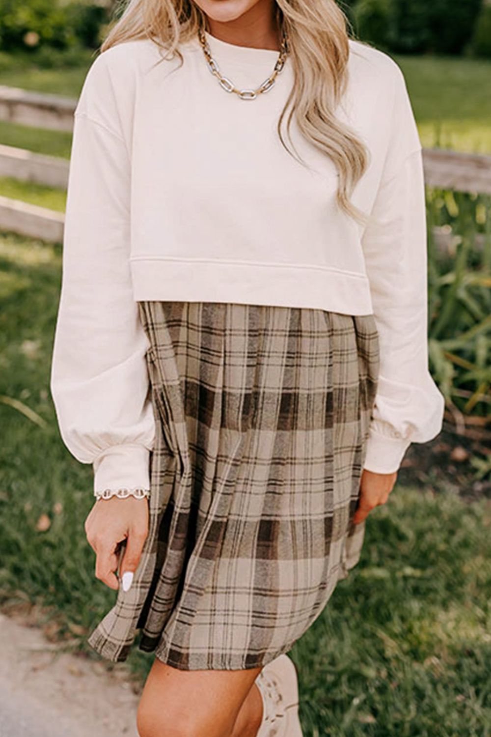 Vintage Plaid Long Sleeve Mini Dress with Round Neck