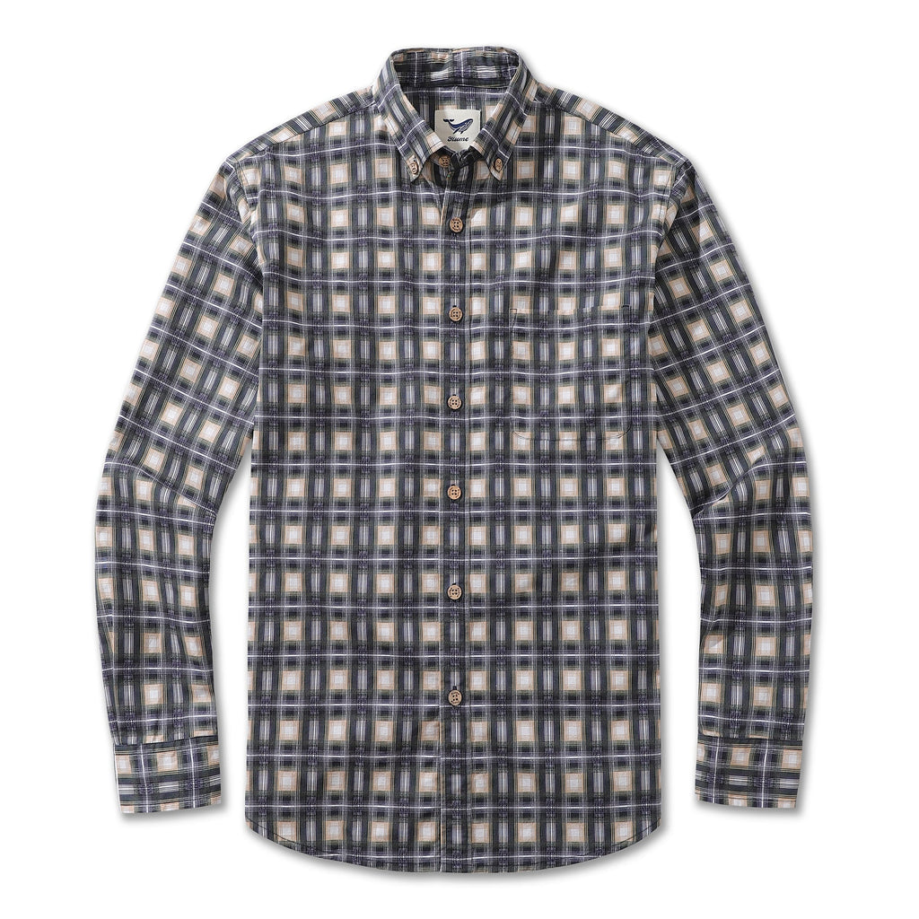 Men's long sleeve plaid shirt in black, gray, and beige