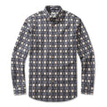 Men's long sleeve plaid shirt in black, gray, and beige