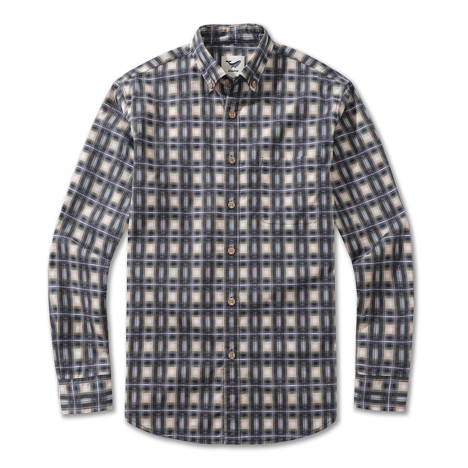 Men's long sleeve plaid shirt in black, gray, and beige