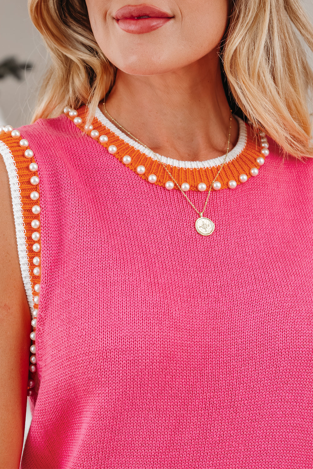 Contrast Trim Pearl Crewneck Sweater Top