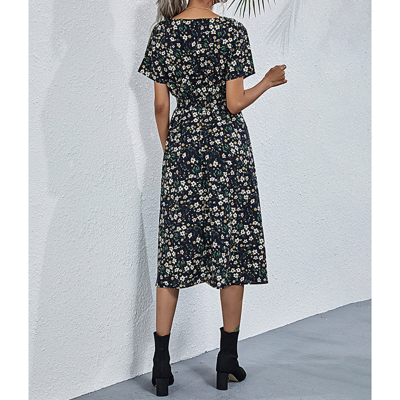 Boho Floral Print V-Neck Mini Dress with Smocked Waist