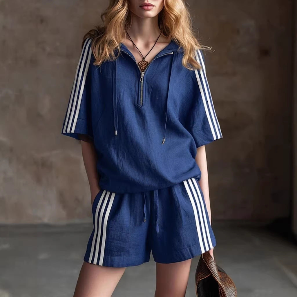 Women's Two-Piece Sportswear Set with Half-Zip Top and Shorts - Image 4