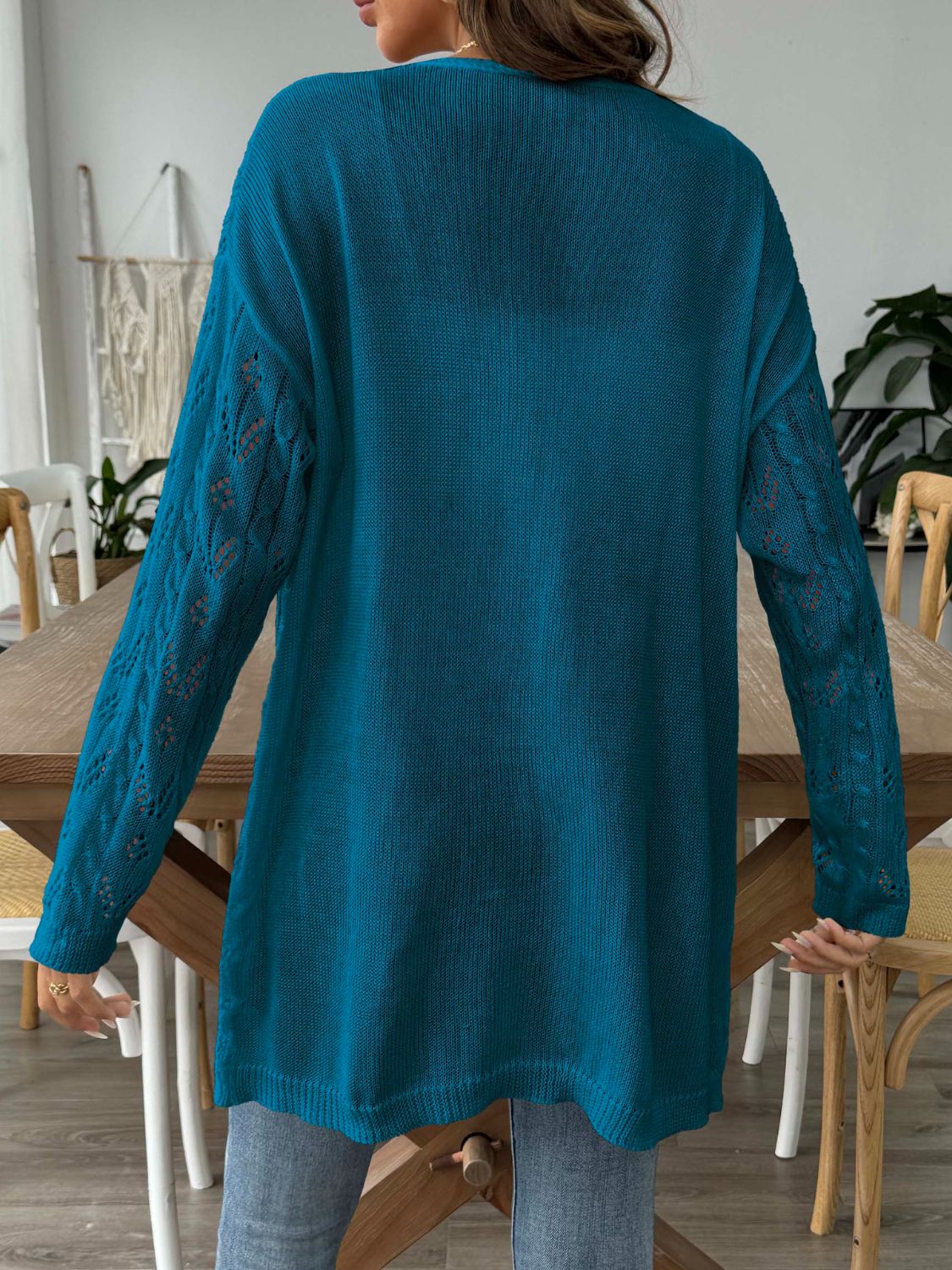 White Openwork Open Front Long Sleeve Cardigan Lightweight Knit - Image 14