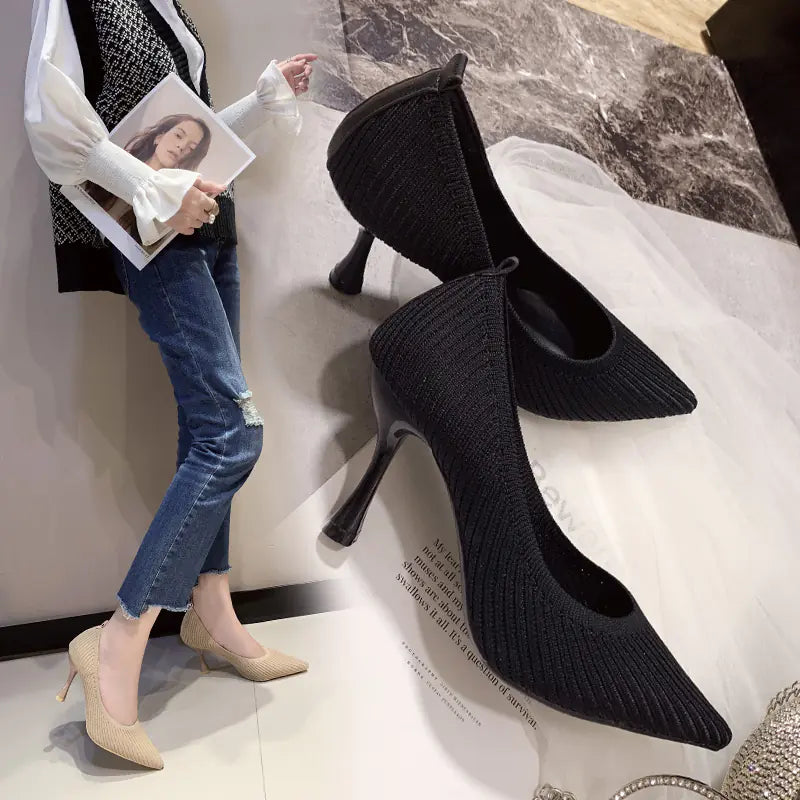 Women's Pointed Toe Knitted Heels in Beige and Black - Image 9