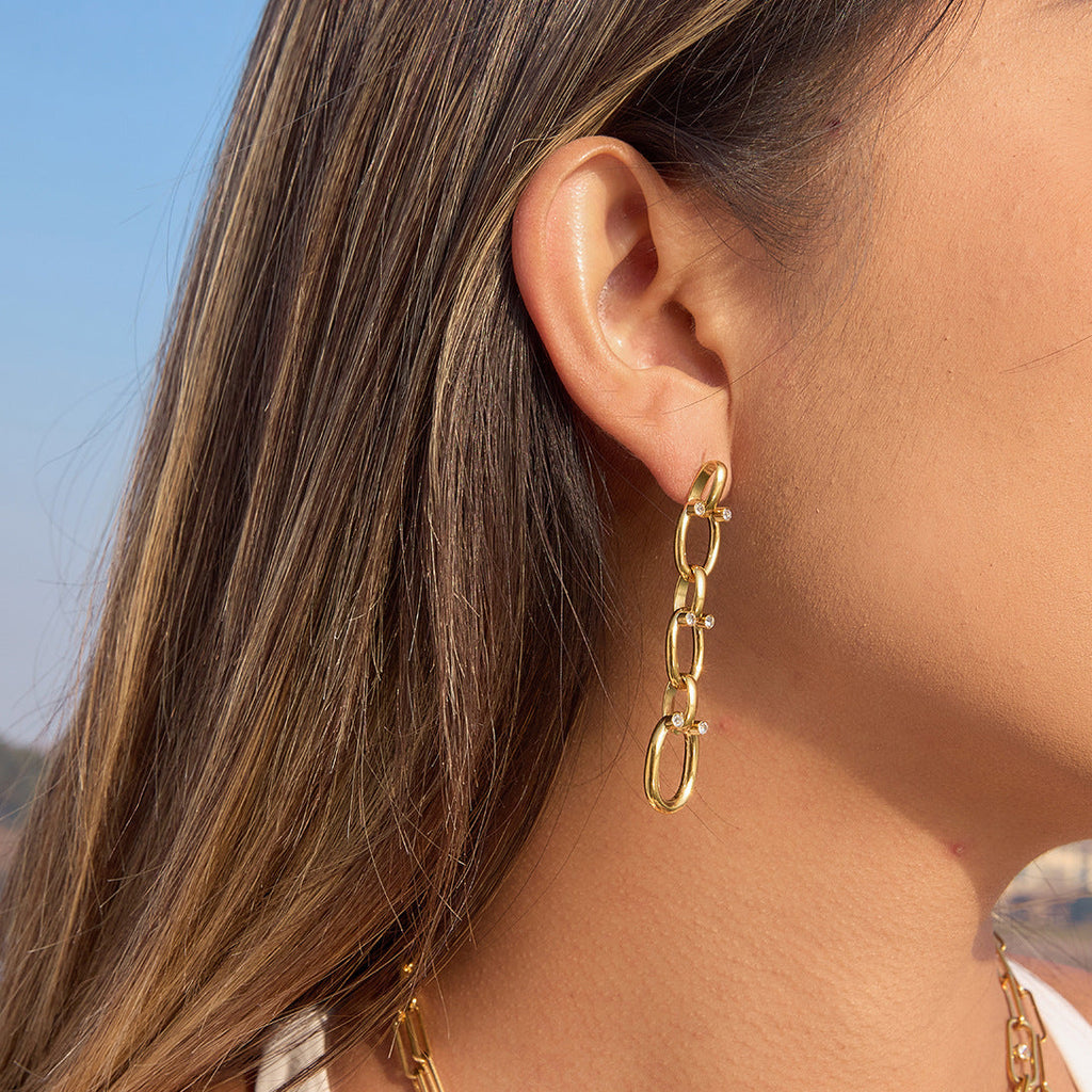 Rhinestone Chain Tassel Drop Earrings in Gold