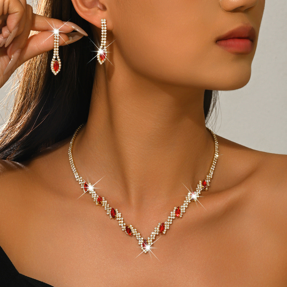 European And American Cross-Border New Style Full Diamond Water Drop V-Shaped Bridal Wedding Necklace And Earrings Fashion Exquisite Eco-Friendly Jewelry Set