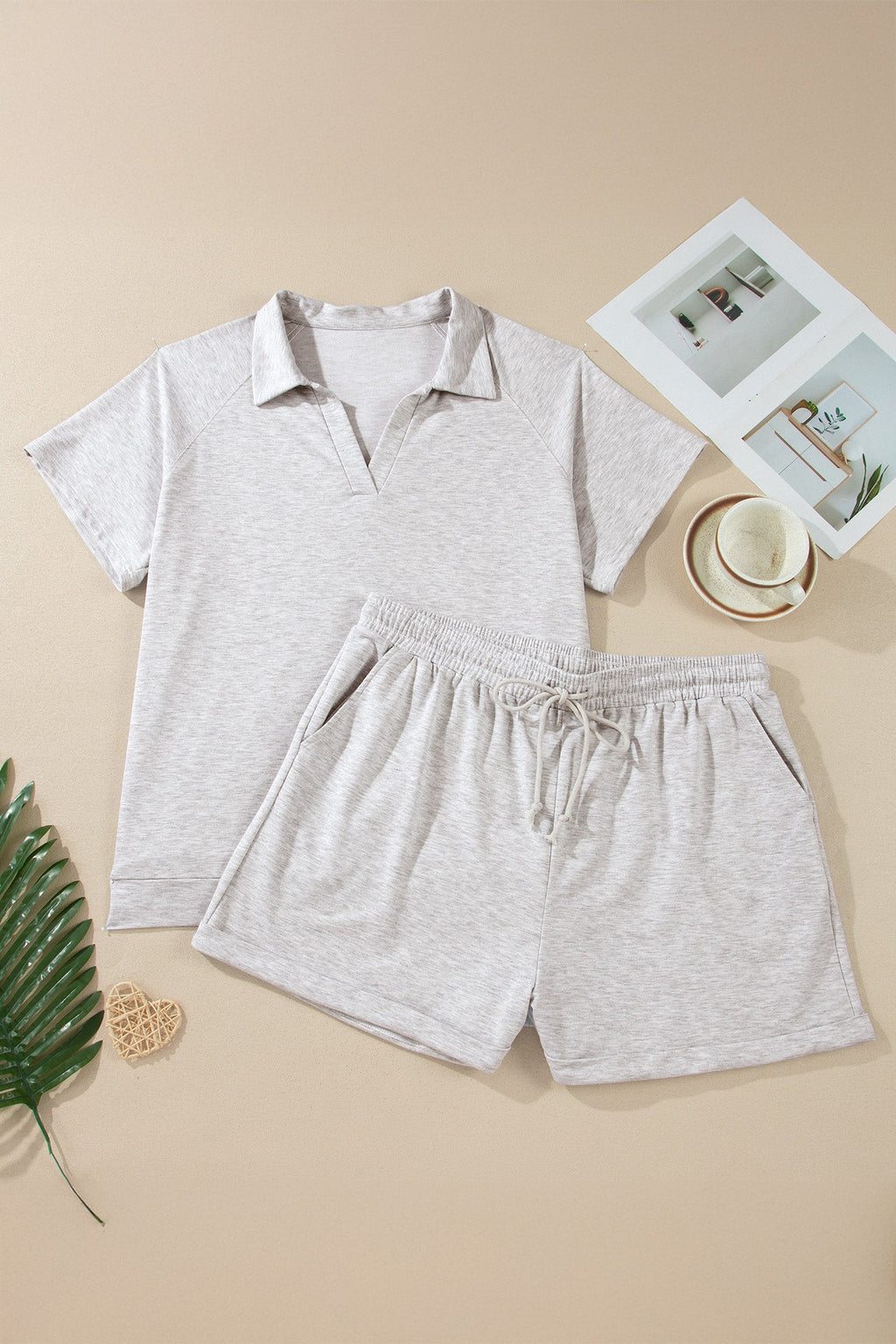 Solid V-Neck Top & Elastic Shorts Loungewear Set in Grey