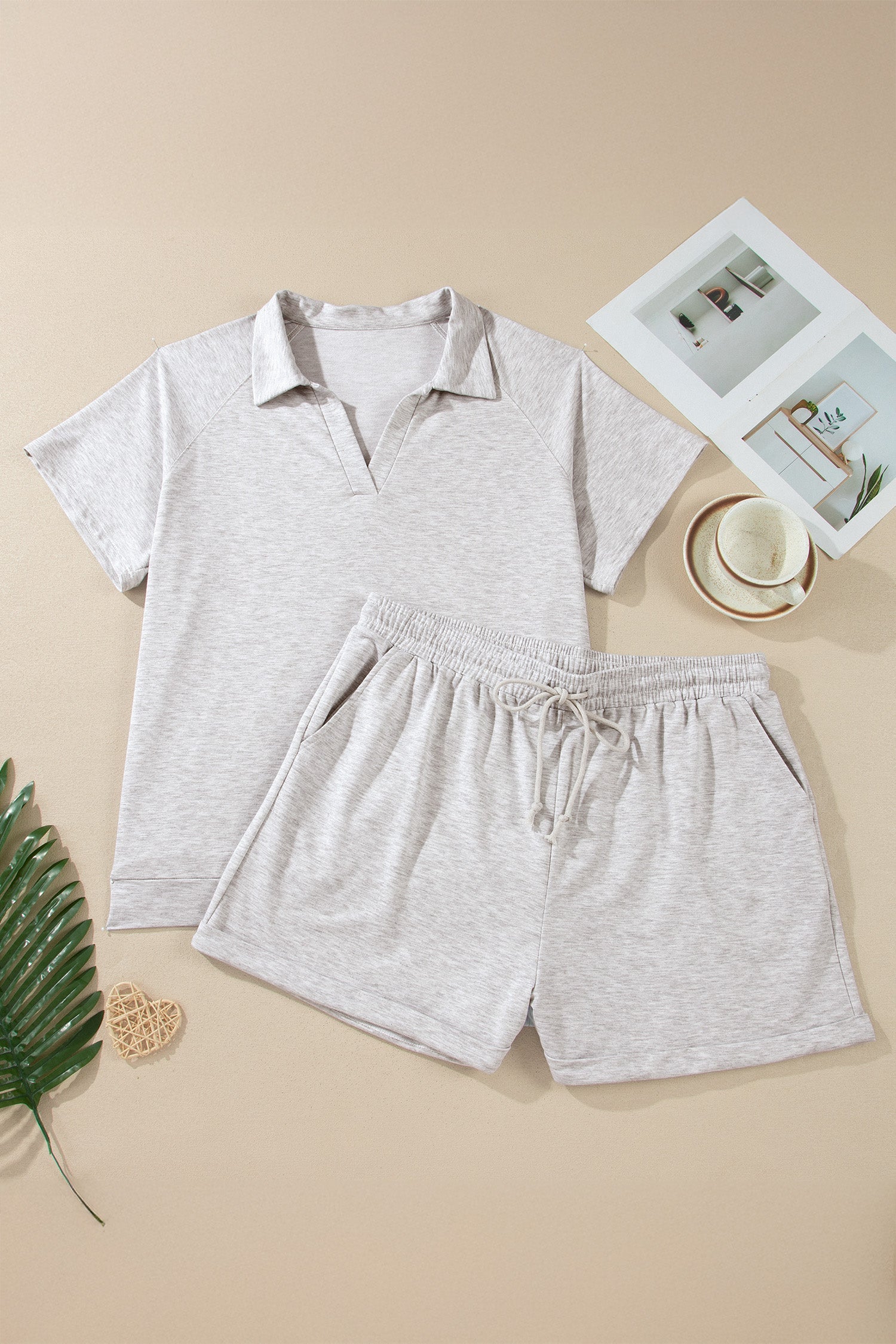 Solid V-Neck Top & Elastic Shorts Loungewear Set in Grey