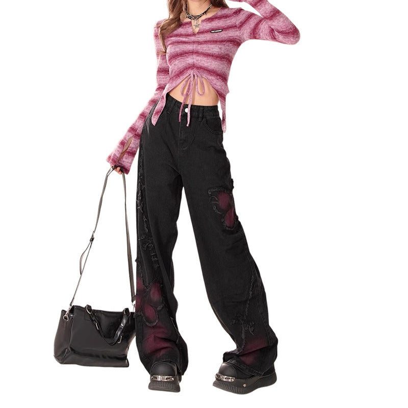 Washed Black Wide Leg Distressed Butterfly Denim Pants - Image 4