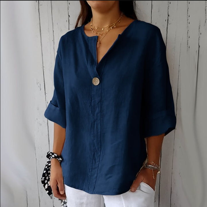 Women's V-Neck Long-Sleeve Linen Button Top – Loose Casual Blouse