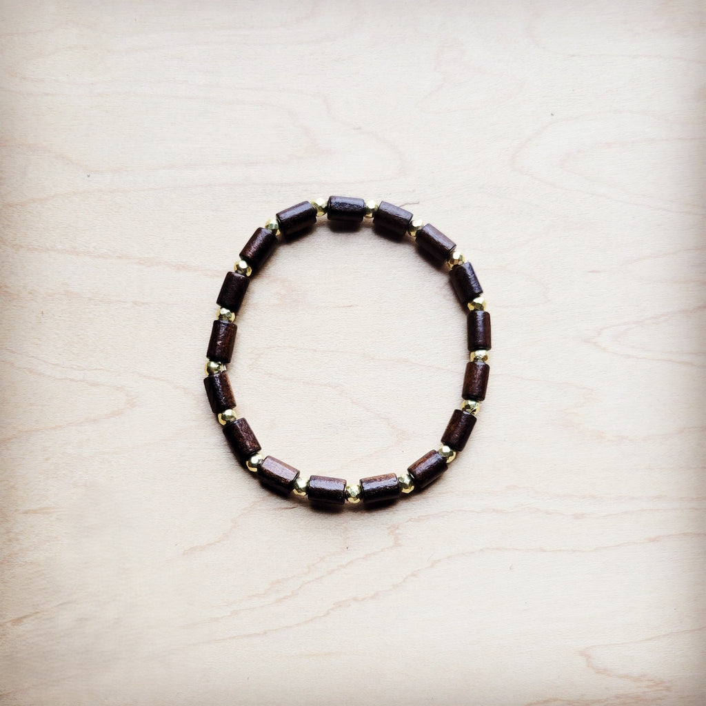 Wood Beaded Stretch Bracelet with Gold Accent