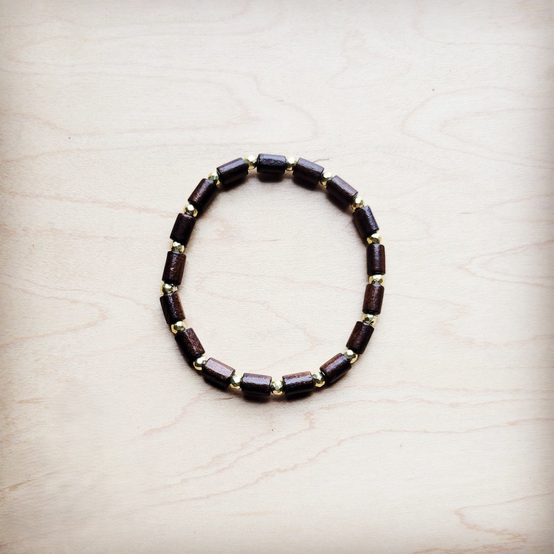 Wood Beaded Stretch Bracelet with Gold Accent