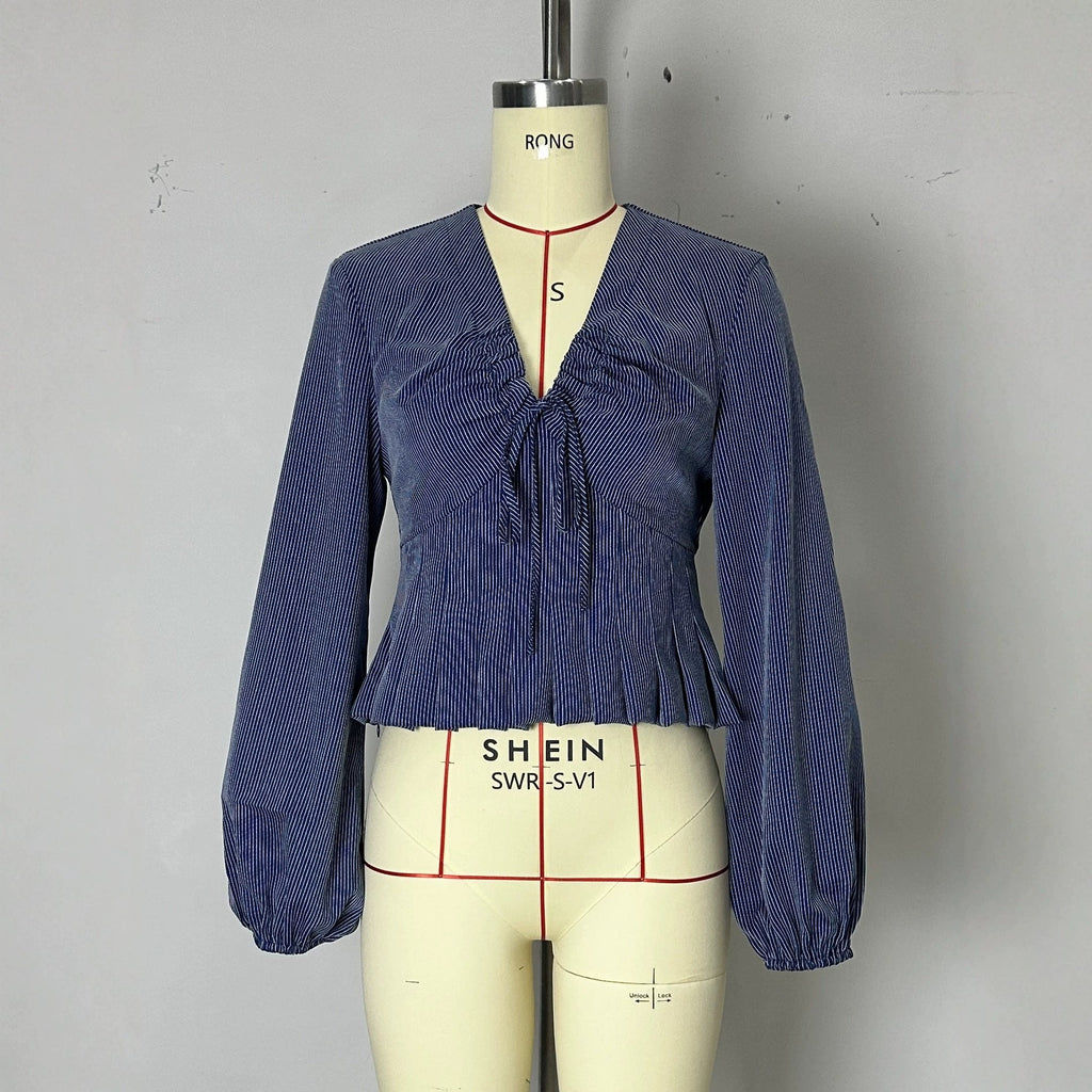 Stripe Peplum Blouse | V-Neck Ruched Bow Puff Sleeve | Navy Blue