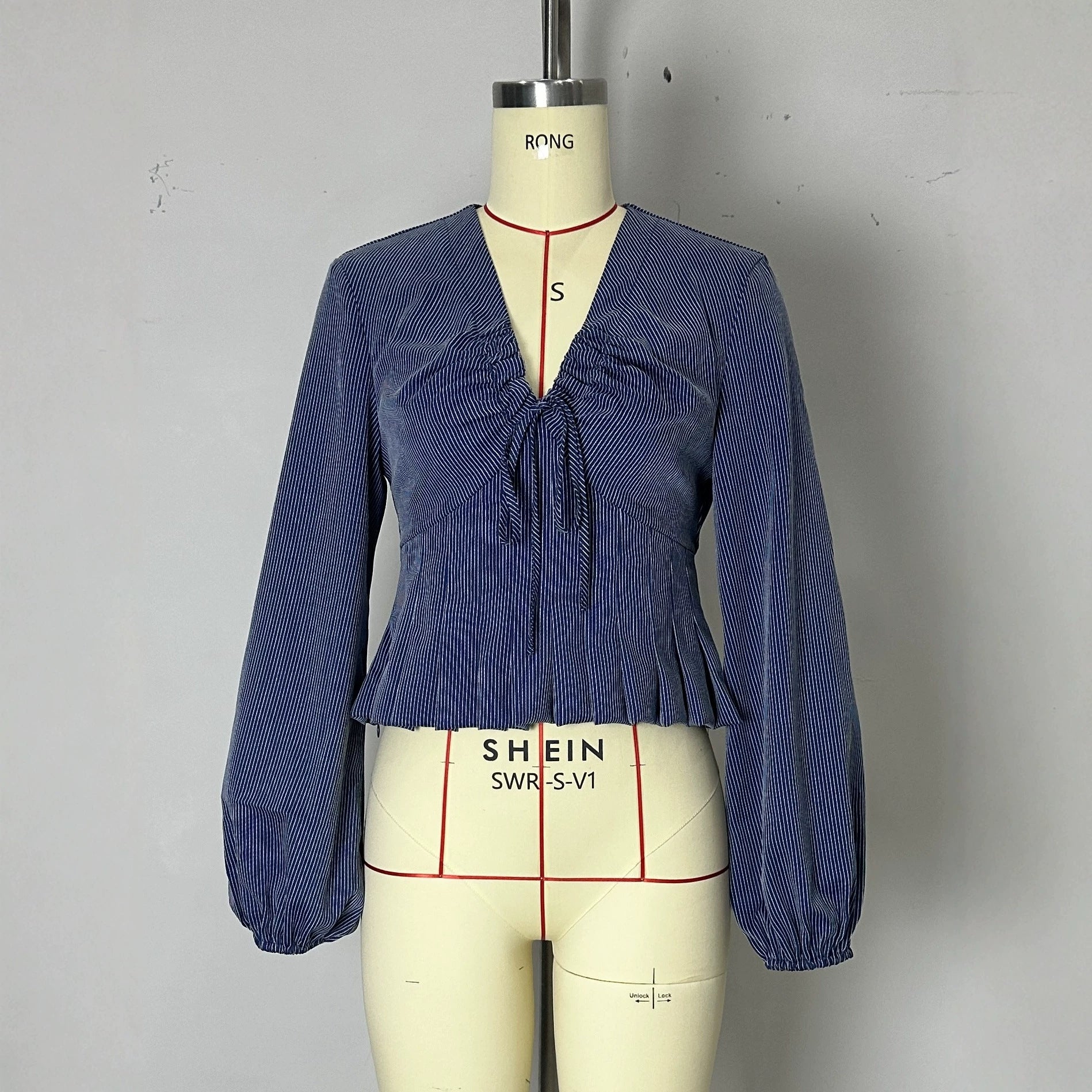 Stripe Peplum Blouse | V-Neck Ruched Bow Puff Sleeve | Navy Blue