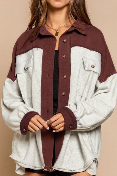 Contrast Collar Button-Up Utility Jacket with Pockets