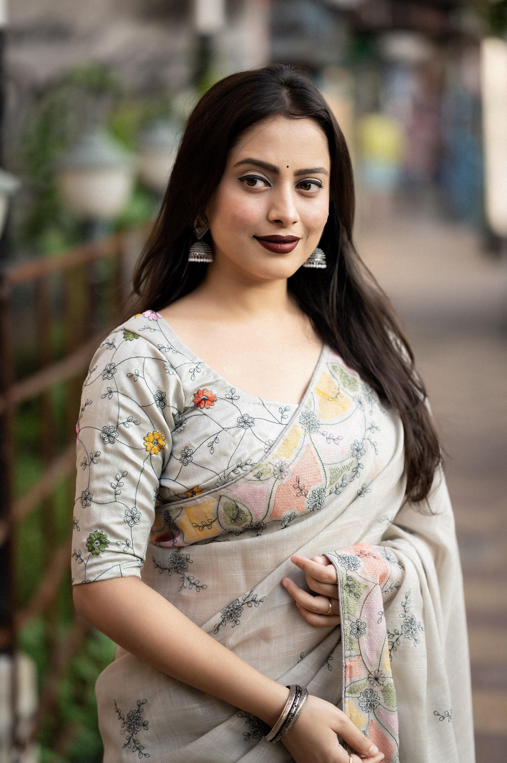 Grey Pure Linen Saree with Ethnic Motifs and Phantom Silk Blouse