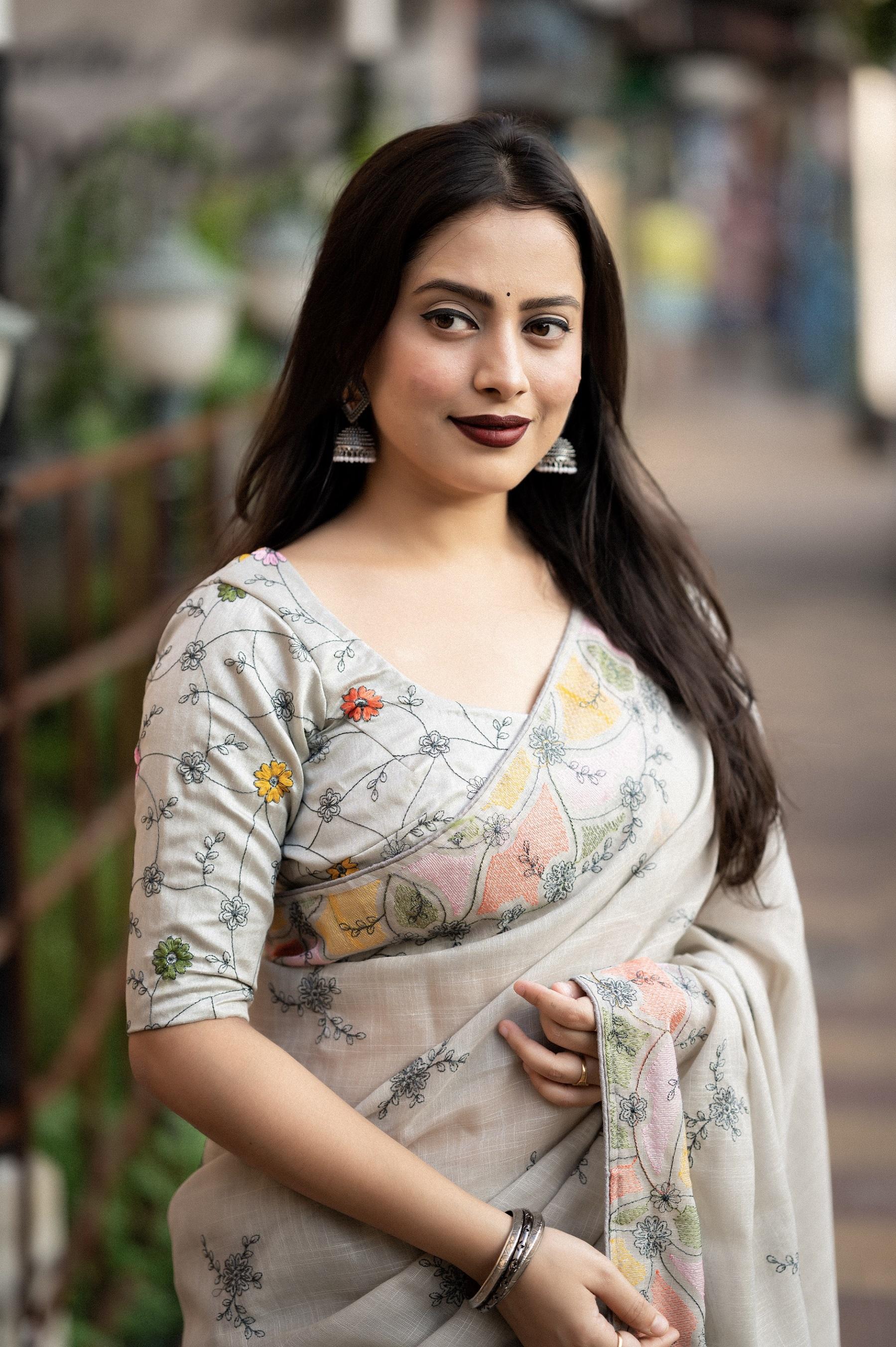 Grey Pure Linen Saree with Ethnic Motifs and Phantom Silk Blouse