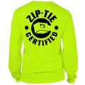 Back view of a worker wearing a neon yellow long sleeve shirt with Zip Tie Certified graphic