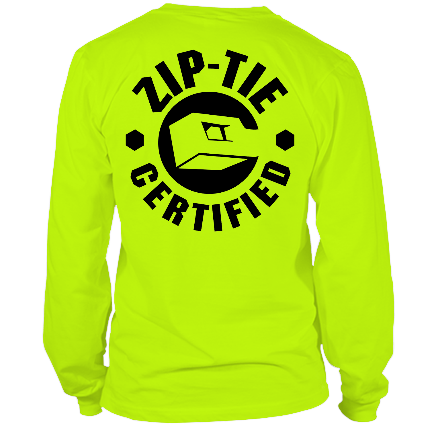 Back view of a worker wearing a neon yellow long sleeve shirt with Zip Tie Certified graphic