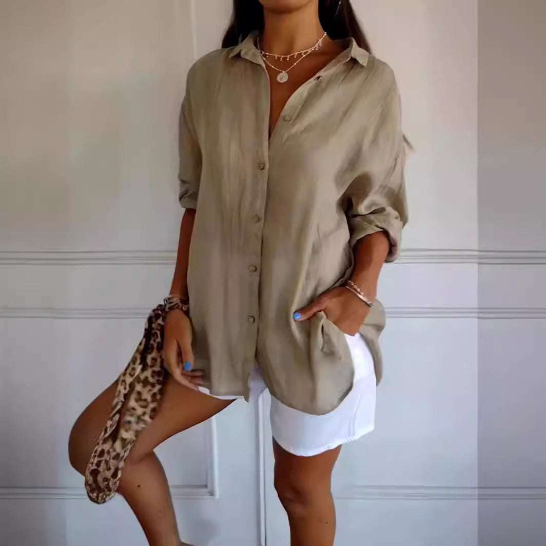 Women's Oversized Lapel Button-Down Shirt with Pleated Back