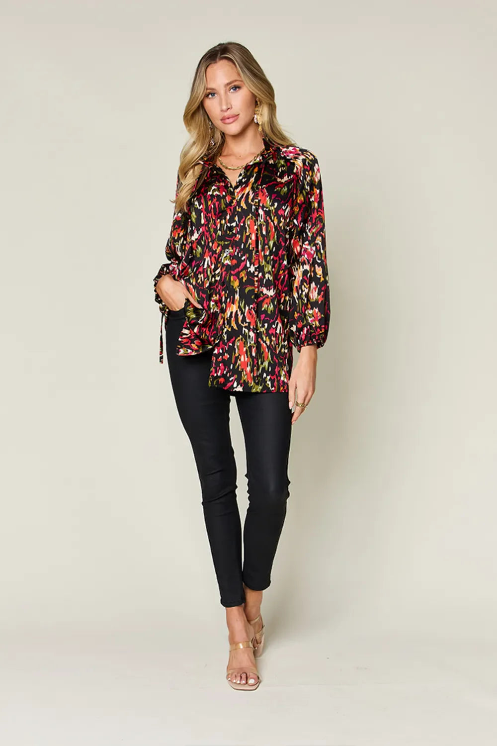 Printed Button Up Long Sleeve Shirt | Satin Bohemian Blouse