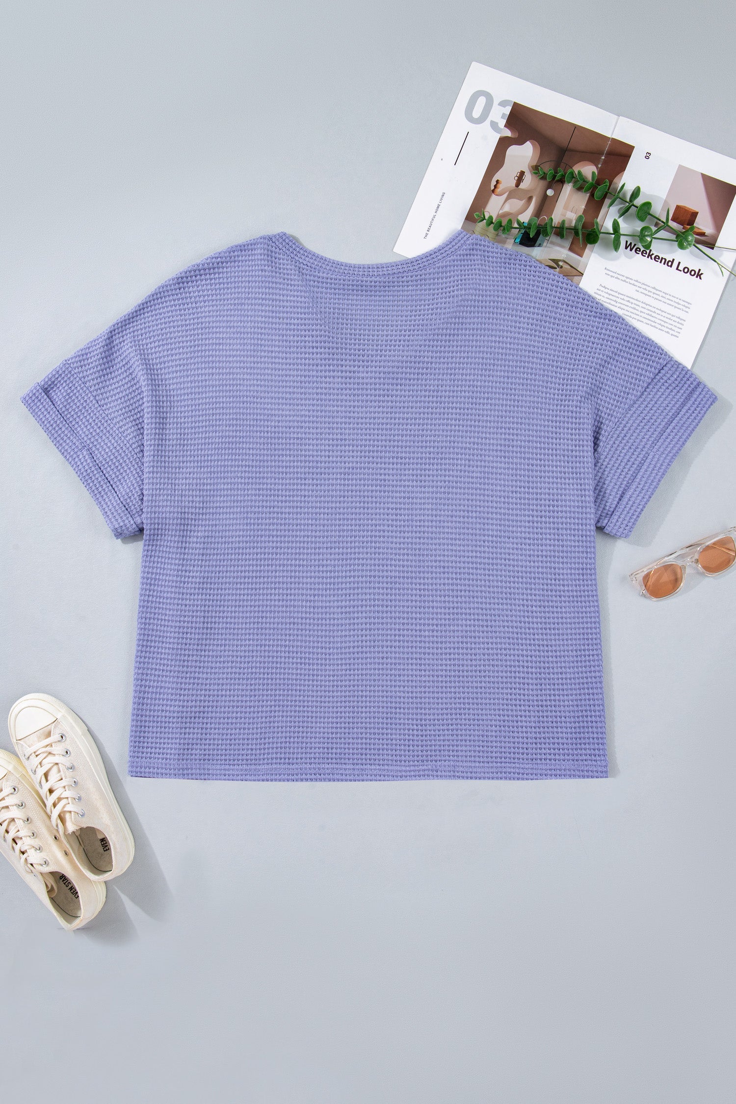 Mint Green Waffle Knit V-Neck Short Sleeve Top - Image 4