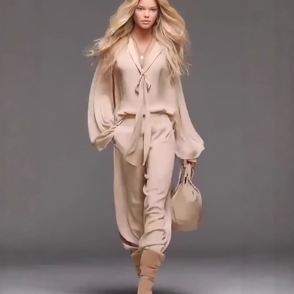 Beige Long Sleeve Tie-Front Top and Pants Two-Piece Set - Image 2