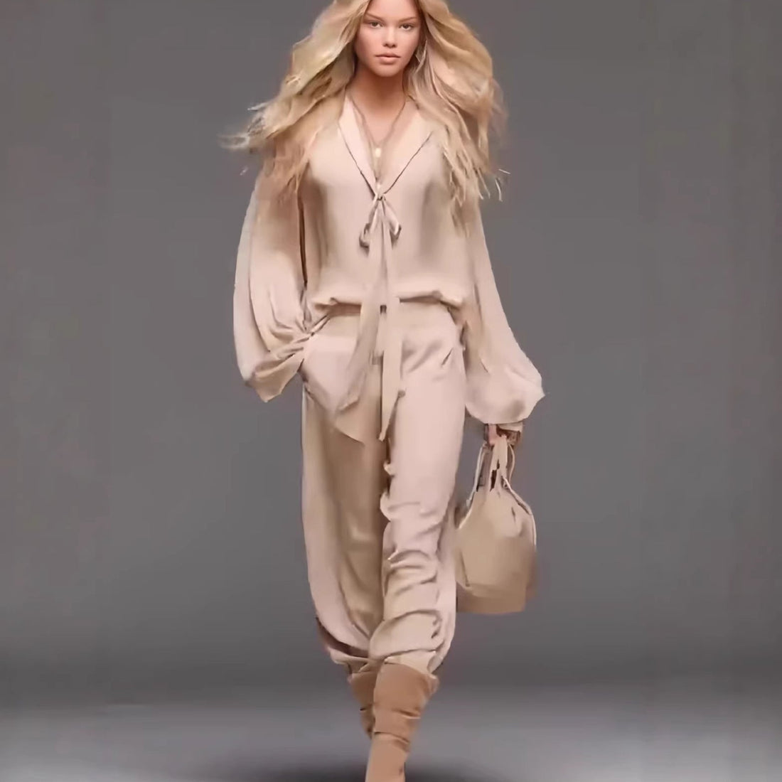 Beige Long Sleeve Tie-Front Top and Pants Two-Piece Set - Image 2