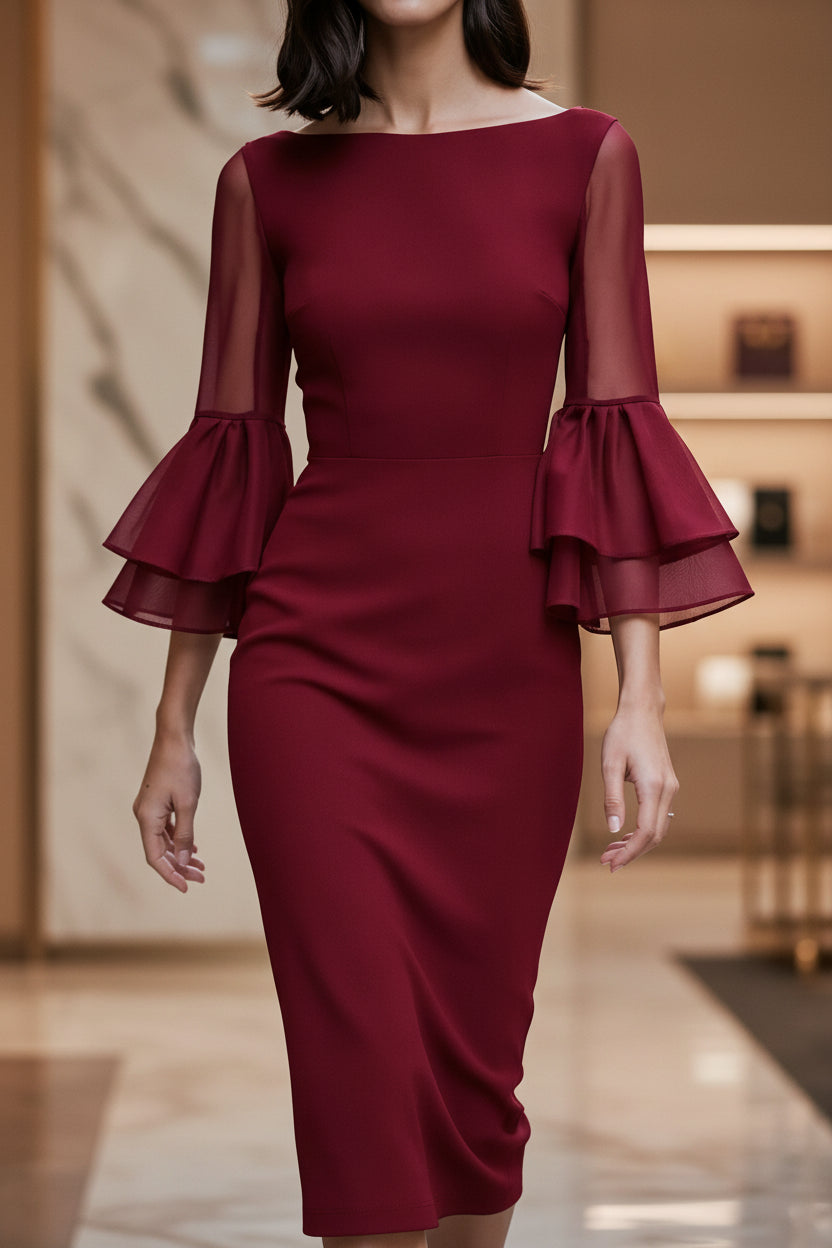 Mesh Sleeve Double Ruffle Cuff Midi Sheath Dress